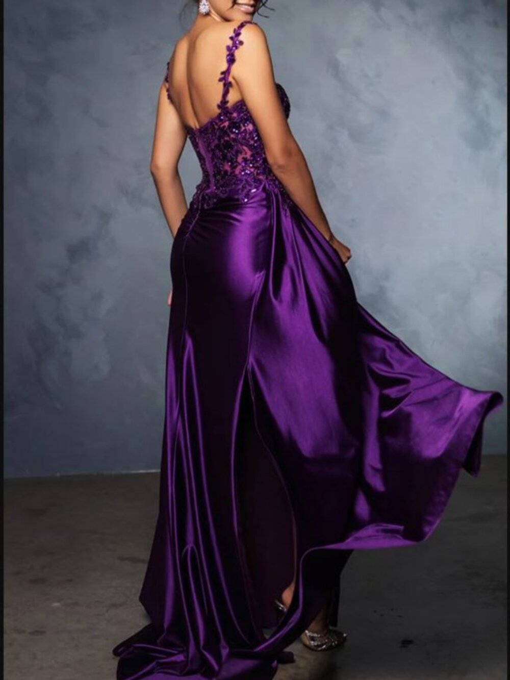 NWT May Queen MQ2145 Satin Prom Dress Eggplant Size 14 - Picture 3 of 6